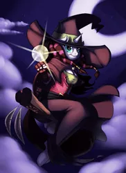 Size: 945x1300 | Tagged: safe, artist:siden, derpibooru import, oc, oc:sixtoh, unofficial characters only, anthro, unguligrade anthro, unicorn, anthro oc, broom, clothes, cloud, crescent moon, flying, flying broomstick, glowing hands, moon, solo