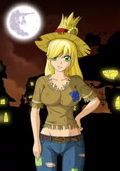 Size: 3588x5119 | Tagged: applejack, artist:zantyarz, breasts, busty applejack, clothes, costume, derpibooru import, female, human, humanized, nightmare night, safe, scarecrow, solo