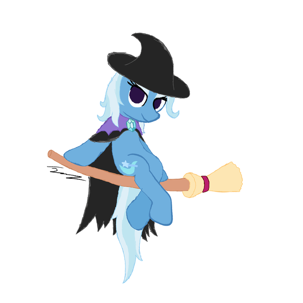 Size: 1280x1280 | Tagged: safe, artist:jamesandwich, derpibooru import, trixie, pony, unicorn, broom, cape, clothes, costume, female, flying, flying broomstick, halloween, hat, lidded eyes, looking at you, mare, nightmare night, simple background, sitting, smiling, solo, white background, witch, witch hat