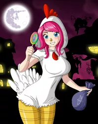 Size: 3831x4829 | Tagged: animal costume, artist:zantyarz, breasts, busty pinkie pie, chicken pie, chicken pies, chicken suit, clothes, costume, cute, derpibooru import, diapinkes, female, human, humanized, nightmare night, pinkie pie, safe, solo