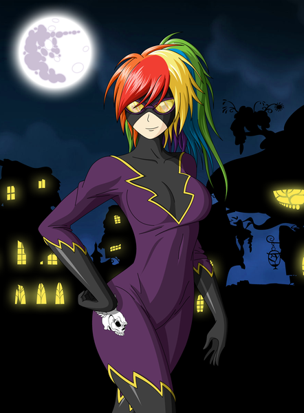 Size: 4102x5570 | Tagged: absurd resolution, artist:zantyarz, breasts, busty rainbow dash, clothes, female, hand on hip, human, humanized, latex, latex suit, mare in the moon, moon, nightmare night, rainbow dash, safe, shadowbolt dash, shadowbolts, shadowbolts costume, solo