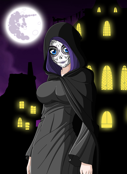 Size: 3460x4744 | Tagged: artist:zantyarz, breasts, busty rarity, calavera catrina, clothes, costume, derpibooru import, dia de los muertos, female, hood, human, humanized, moon, night, nightmare night, rarity, safe, solo