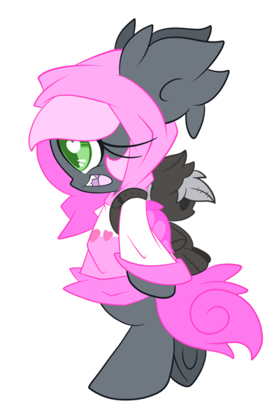 Size: 2500x3757 | Tagged: safe, artist:starlightlore, derpibooru import, oc, oc:heartbeat, unofficial characters only, bat pony, original species, plush pony, pony, backpack, bipedal, blank flank, clothes, cute, digital art, female, gray coat, green eyes, heart eyes, hoodie, mare, open mouth, pink hair, pink mane, pink tail, pink wings, plush backpack, plushie, plushie backpack, pony backpack, simple background, solo, transparent background, wingding eyes
