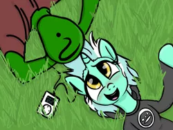 Size: 800x600 | Tagged: dead source, safe, artist:choop, derpibooru import, lyra heartstrings, oc, oc:anon, human, pony, unicorn, blushing, clothes, duo, earbuds, grass, hieroglyphics, hoodie, ipod, mp3 player, music, music player, on back, smiling