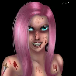 Size: 3000x3000 | Tagged: artist:shadowpaint-lisam, blood, derpibooru import, fluttershy, human, humanized, .mov, semi-grimdark, shed.mov, solo, uncanny valley