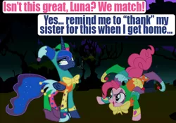 Size: 720x504 | Tagged: safe, artist:death-driver-5000, derpibooru import, pinkie pie, princess luna, alicorn, earth pony, pony, clothes, comic, costume, dialogue, female, jester, jester pie, mare, nightmare night, open mouth, single panel, vector