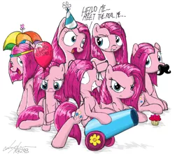 Size: 1366x1200 | Tagged: artist:flutterthrash, balloon, clone, cute, cuteamena, derpibooru import, megadeth, partillery, party cannon, pinkamena diane pie, pinkie clone, pinkie pie, safe, too many pinkie pies