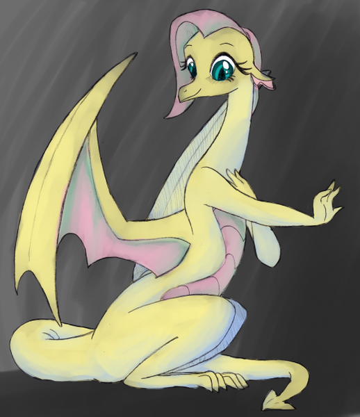 Size: 520x602 | Tagged: artist:queencold, artist:saine grey, color, derpibooru import, dragon, dragonified, flutterdragon, fluttershy, gray background, safe, simple background, smiling, solo, species swap