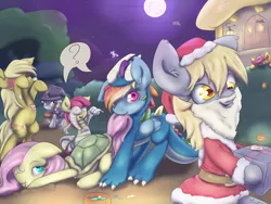 Size: 2000x1500 | Tagged: safe, artist:alasou, deleted from derpibooru, derpibooru import, apple bloom, applejack, derpy hooves, fluttershy, rainbow dash, scootaloo, sweetie belle, dragon, pegasus, pony, turtle, zombie, clothes, cutie mark crusaders, female, mare, mummy, present, santa costume, witch, wrong holiday