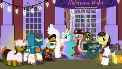 Size: 1280x720 | Tagged: safe, artist:askbritanniamlp, derpibooru import, princess celestia, oc, oc:fluffle puff, earth pony, pony, unicorn, chainsword, clothes, commissar, costume, female, gipsy danger, glasses, halloween, hat, male, mare, nightmare night, pacific rim, sailor moon, sailor saturn, stallion, sword, tumblr, warhammer (game), warhammer 40k