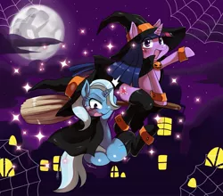 Size: 1771x1556 | Tagged: artist:ss2sonic, clothes, costume, derpibooru import, falling, flying, halloween, pixiv, plot, riding, scared, suggestive, trixie, twilight sparkle, witch