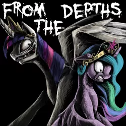 Size: 2000x2000 | Tagged: semi-grimdark, artist:penstrokepony, artist:silfoe, derpibooru import, princess celestia, twilight sparkle, twilight sparkle (alicorn), alicorn, pony, accessory swap, don't dead open inside, fanfic art, fanfic cover, female, grimace, mare, pinklestia, sharp teeth, teeth