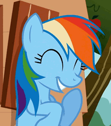 Size: 434x495 | Tagged: safe, derpibooru import, screencap, rainbow dash, pegasus, pony, the mysterious mare do well, animated, cropped, cute, dashabetes, eyes closed, female, giggling, laughing, laughingmares.jpg, loop, mare, smiling, solo