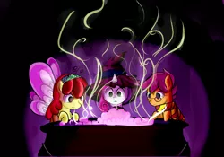 Size: 3580x2504 | Tagged: apple bloom, artist:keaton-corrine, breezie, cauldron, clothes, costume, cutie mark crusaders, dark, derpibooru import, glasses, harry potter, hat, safe, scarf, scootaloo, sweetie belle, witch hat