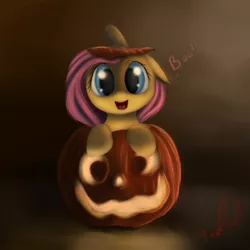 Size: 800x800 | Tagged: artist:miokomata, cute, derpibooru import, fluttershy, jack-o-lantern, pumpkin, safe, shyabetes, solo