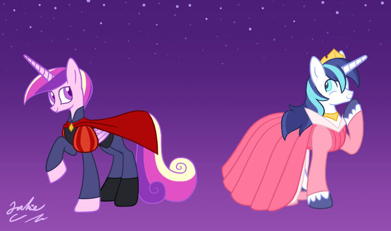 Size: 1024x605 | Tagged: safe, artist:jacksterqueen, derpibooru import, princess cadance, shining armor, alicorn, pony, unicorn, ask-dominatrix-cadance, clothes, costume, crossdressing, disney, female, male, mare, prince phillip, princess aurora, role reversal, sleeping beauty, stallion