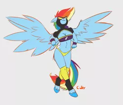 Size: 1089x938 | Tagged: anthro, artist:cider, belly button, bikini, breasts, busty rainbow dash, cleavage, clothes, costume, female, hooves, panties, rainbow dash, self wedgie, shadowbolt dash, shadowbolts costume, solo, solo female, suggestive, swimsuit, unguligrade anthro, unshorn fetlocks, wedgie