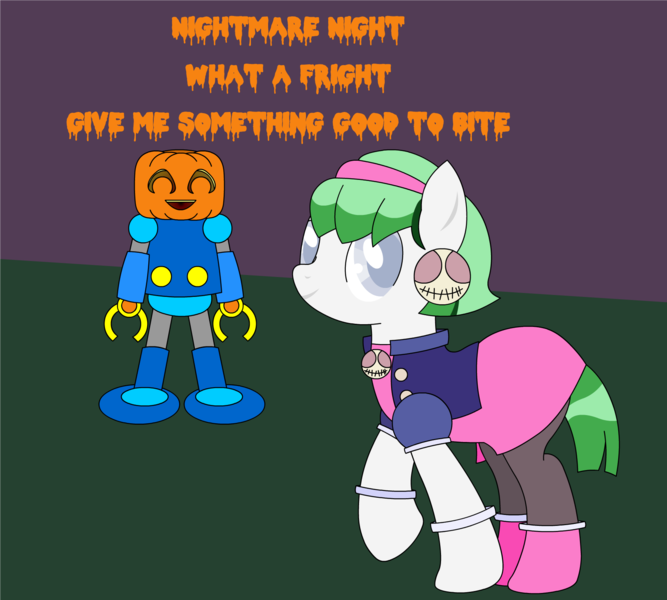 Size: 1709x1538 | Tagged: ask, ask bright eyes, clothes, cosplay, costume, derpibooru import, halloween, holiday, jack-o-lantern, megaman legends, nightmare night, oc, oc:bright eyes, pumpkin, safe, servbot, tron bonne, tumblr, tumblr pony, unofficial characters only