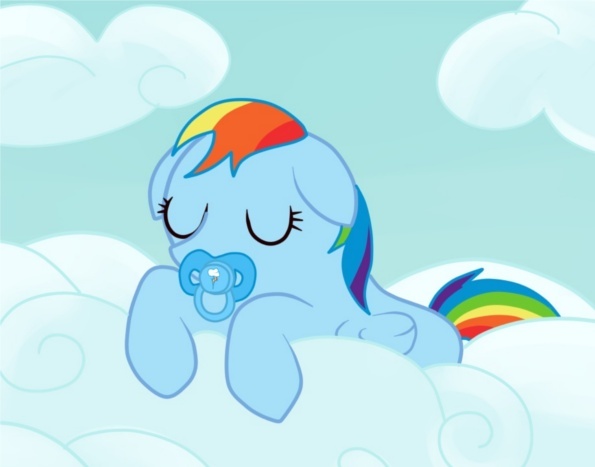 Size: 595x467 | Tagged: safe, artist:dunkinbean, derpibooru import, rainbow dash, pegasus, pony, baby, baby pony, cloud, cloudy, cutie mark, eyes closed, female, filly, filly rainbow dash, foal, pacifier, sky, sleeping, solo