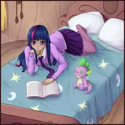 Size: 3050x3050 | Tagged: artist:missangest, book, clothes, derpibooru import, human, humanized, missing shoes, pantyhose, safe, spike, twilight sparkle