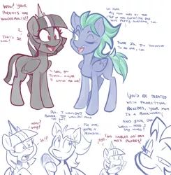 Size: 4500x4600 | Tagged: safe, artist:bluntwhiskey, derpibooru import, oc, oc:feathermoon, oc:prism dust, unofficial characters only, pegasus, pony, absurd resolution, dialogue, offspring, parent:king sombra, parent:rainbow dash, parent:thunderlane, parent:twilight sparkle, parents:thunderdash, parents:twibra, simple background, white background