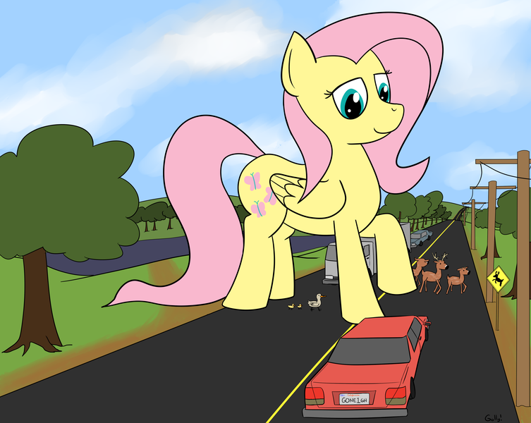 Size: 3000x2389 | Tagged: safe, artist:rapidstrike, derpibooru import, fluttershy, deer, duck, pony, giant pony, macro