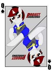 Size: 1600x2240 | Tagged: safe, artist:samuel039, derpibooru import, oc, oc:blackjack, unofficial characters only, pony, unicorn, fallout equestria, fallout equestria: project horizons, fanfic, card, clothes, fanfic art, female, hooves, horn, mare, playing card, solo, teeth, text, vault suit, vector