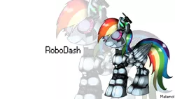 Size: 1920x1080 | Tagged: safe, artist:malamol, derpibooru import, rainbow dash, pegasus, pony, robot, robot pony, abstract background, female, mare, rainbot dash, signature, solo