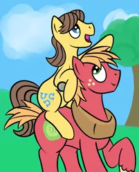 Size: 2413x3000 | Tagged: safe, artist:wolferahm, derpibooru import, big macintosh, caramel, earth pony, pony, caramac, gay, male, ponies riding ponies, riding, shipping, stallion