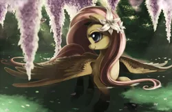 Size: 1000x647 | Tagged: artist:jiayi, derpibooru import, flower in hair, fluttershy, safe, solo, water