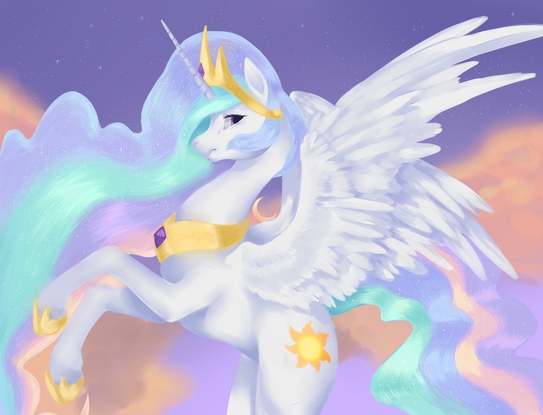 Size: 2800x2140 | Tagged: artist:mokscha, derpibooru import, moue, princess celestia, rearing, safe, sky, solo