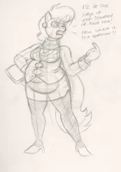 Size: 502x712 | Tagged: abdominal bulge, anthro, artist:duragan, belly, button popping, critic, derpibooru import, fat, food, hungry, judge, monochrome, ms. harshwhinny, ms. lardwhinny, safe, solo, stuffed, stuffing, tight clothing, weight gain