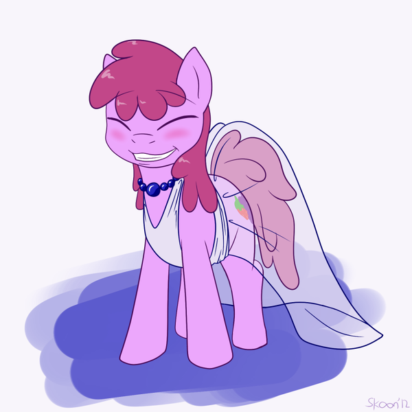 Size: 900x900 | Tagged: safe, artist:skoon, derpibooru import, berry punch, berryshine, earth pony, pony, ask berry punch, ask, berrybetes, blushing, clothes, dress, female, mare, necklace, smiling, solo, wedding dress