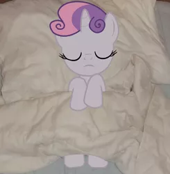 Size: 1343x1370 | Tagged: safe, artist:rdmlp, derpibooru import, sweetie belle, pony, unicorn, g4, bed, female, horn, image, irl, on back, photo, png, ponies in real life, sleeping, solo