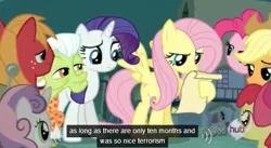 Size: 561x307 | Tagged: safe, derpibooru import, screencap, apple bloom, applejack, big macintosh, fluttershy, granny smith, pinkie pie, rarity, sweetie belle, earth pony, pony, magic duel, hub logo, letter, male, meme, stallion, terrorism, youtube caption