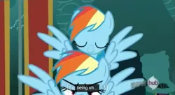 Size: 573x311 | Tagged: safe, derpibooru import, edit, edited screencap, screencap, fluttershy, rainbow dash, pegasus, pony, magic duel, caption, disguise, double rainbow, female, hub logo, mare, meme, selfcest, surprise buttsex, wingboner, youtube caption