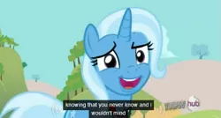 Size: 563x302 | Tagged: safe, derpibooru import, screencap, trixie, pony, unicorn, magic duel, alicorn amulet, female, hub logo, mare, meme, solo, youtube caption