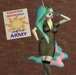 Size: 707x698 | Tagged: 3d, alicorn, anthro, army, artist:parsnip3d, breasts, busty princess celestia, cleavage, clothes, derpibooru import, female, gloves, military uniform, princess celestia, salute, socks, solo, solo female, stockings, suggestive, thigh highs, wingless, wingless anthro, wink