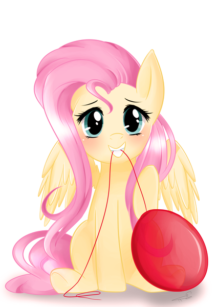 Size: 2480x3507 | Tagged: safe, artist:chokico, derpibooru import, fluttershy, balloon, blushing, cute, grin, looking at you, mouth hold, raised hoof, shyabetes, simple background, smiling, solo, spread wings, squee, underhoof, white background