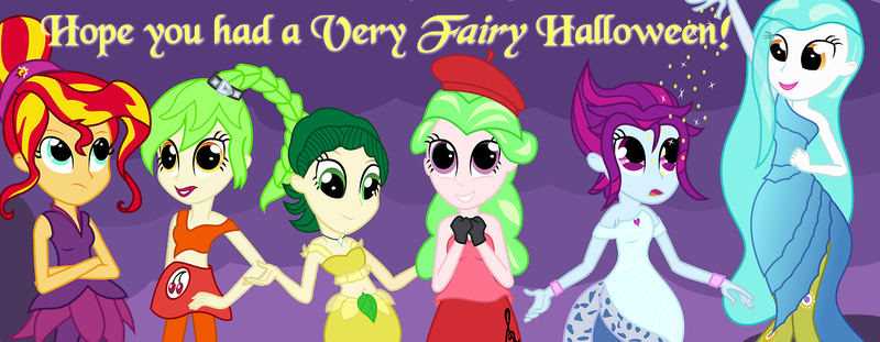 Size: 1280x498 | Tagged: safe, artist:violetclm, derpibooru import, cherry crash, drama letter, mystery mint, paisley, sunset shimmer, sweet leaf, watermelody, fairy, equestria girls, background human, belly button, beret, clothes, costume, disney, disney fairies, dress, fawn, halloween, iridessa, midriff, periwinkle (disney fairies), pixie dust, rosetta (disney), shimmer six, silvermist, skirt, vidia