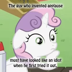 Size: 500x500 | Tagged: safe, derpibooru import, edit, edited screencap, screencap, sweetie belle, ponyville confidential, cropped, floppy ears, hoof on chin, meme, solo, sudden clarity sweetie belle