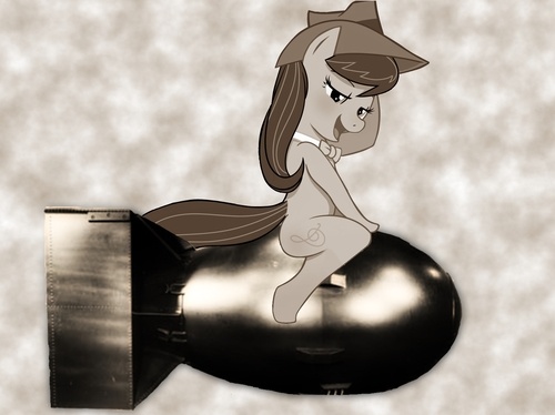 Size: 500x374 | Tagged: artist needed, safe, derpibooru import, octavia melody, earth pony, pony, atomic bomb, bomb, dr. strangelove, hat, not porn, nuclear weapon, riding, riding a bomb, solo