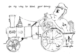 Size: 2353x1632 | Tagged: coal, derpibooru import, driving, fat, flat cap, gravy, gravy boat, hat, horse, mine, mining, oc, oc:pit pone, pit pony, safe, steam engine, traction engine, unofficial characters only