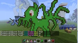 Size: 860x480 | Tagged: safe, artist:raven-kipper, derpibooru import, ponified, antagonist, cthulhu, deity lord, game screencap, image, lovecraftian deity, minecraft, minecraft pixel art, png, wings