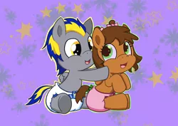 Size: 1248x883 | Tagged: safe, artist:artiecanvas, derpibooru import, oc, oc:emerald rush, oc:stargrazer, unofficial characters only, pony, baby, baby pony, diaper, foal, poofy diaper