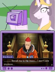 Size: 579x751 | Tagged: ace attorney, derpibooru import, dual destinies, exploitable meme, meme, obligatory pony, princess celestia, princess molestia, safe, solomon starbuck, tv meme