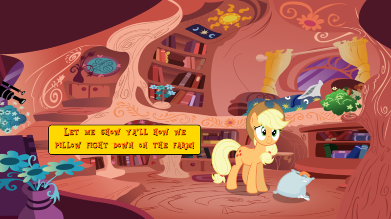 Size: 1280x720 | Tagged: safe, derpibooru import, applejack, golden oaks library, horse shoes, horseshoes, library, solo