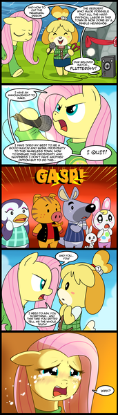 Size: 571x2000 | Tagged: animal crossing, artist:madmax, clothes, comic, comic:the town, crossover, crying, fluttershy, isabelle, safe, sweater, sweatershy