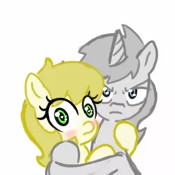 Size: 350x350 | Tagged: safe, artist:familywing, artist:goldiedrawfag, derpibooru import, oc, oc:golden brisk, oc:silver breeze, unofficial characters only, earth pony, pony, unicorn, couple, gender, goldeeze, goldie, male, mine!, protecting, reverse trap, role reversal, straight, trap