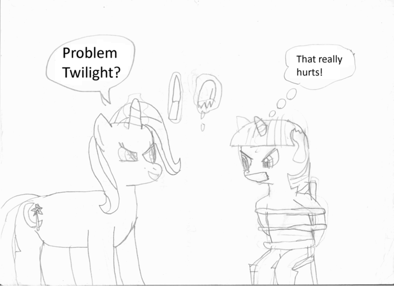 Size: 900x654 | Tagged: artist:thebluev3, chair, crappy art, crossover, derpibooru import, ear, grimdark, knife, monochrome, reservoir dogs, sketch, speech bubble, thought bubble, torture, trixie, twilight sparkle